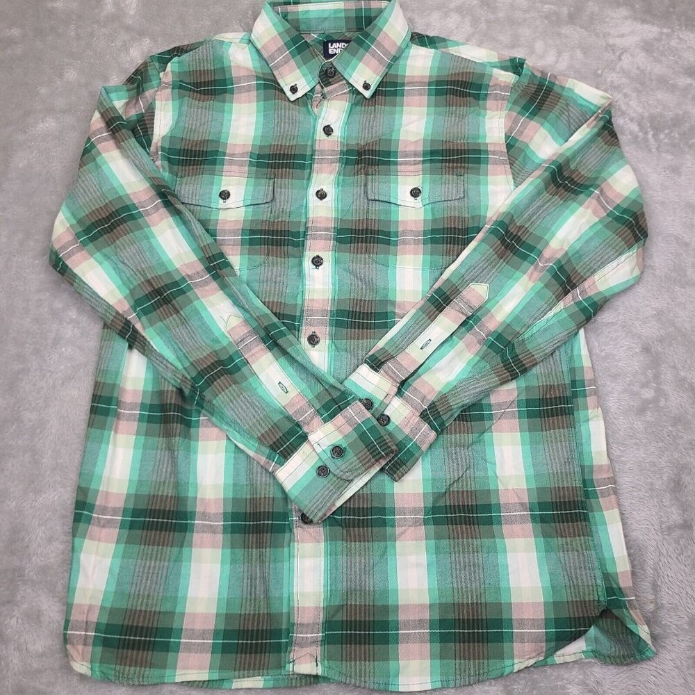 Land's End Shirt Men's Medium 15-15.5 Green Plaid Button Up Long Sleeve Cotton